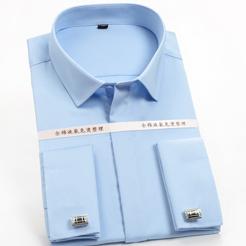 Golden Shield French Cufflinks Black Men's Shirt Long Sleeve Business Slim Formal Cotton Non-Ironing Men's Spring Shirt