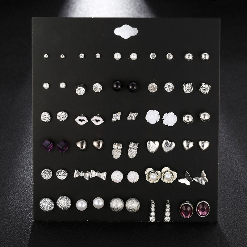 Small Flower Diamond-Studded Alloy Earrings Set - 30 Pairs