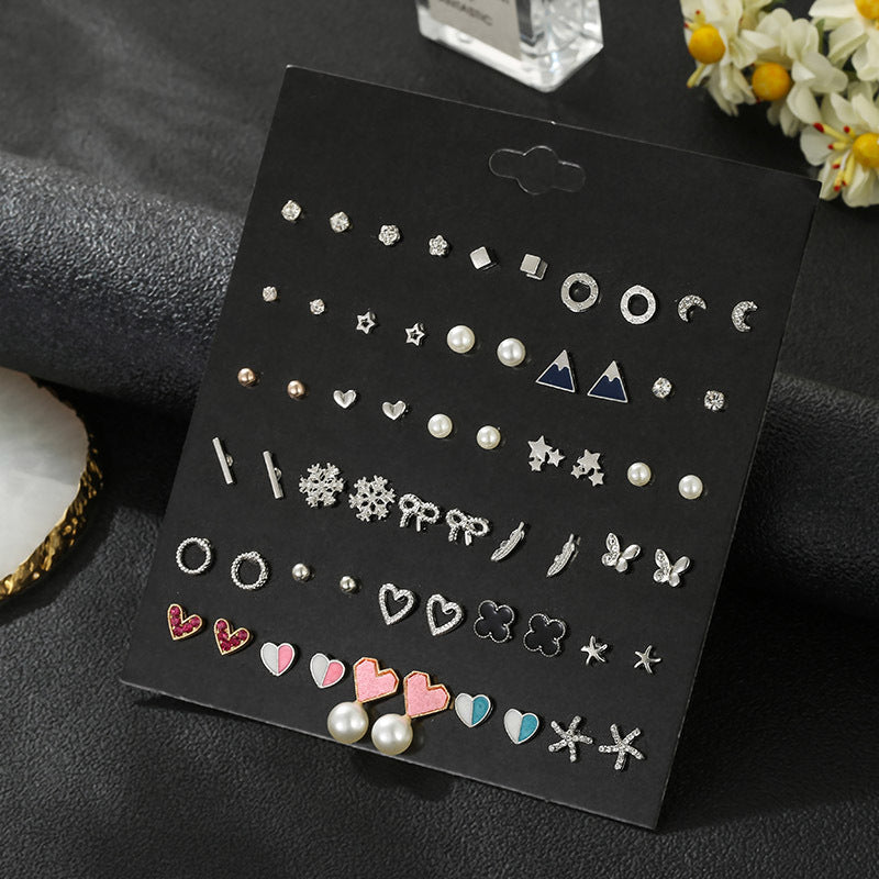 Small Flower Diamond-Studded Alloy Earrings Set - 30 Pairs