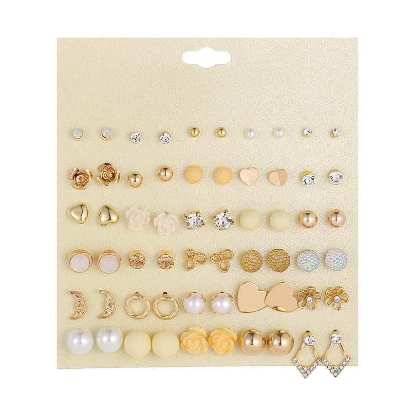 Small Flower Diamond-Studded Alloy Earrings Set - 30 Pairs