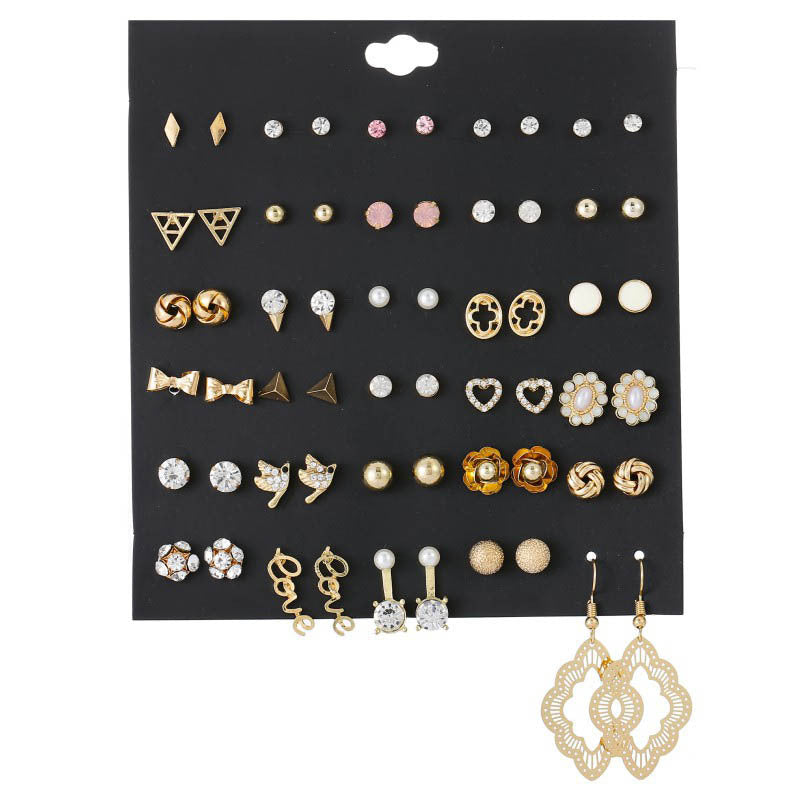 Small Flower Diamond-Studded Alloy Earrings Set - 30 Pairs
