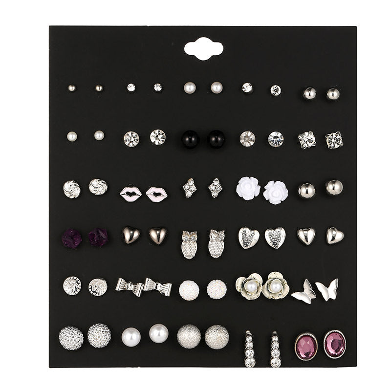 Small Flower Diamond-Studded Alloy Earrings Set - 30 Pairs