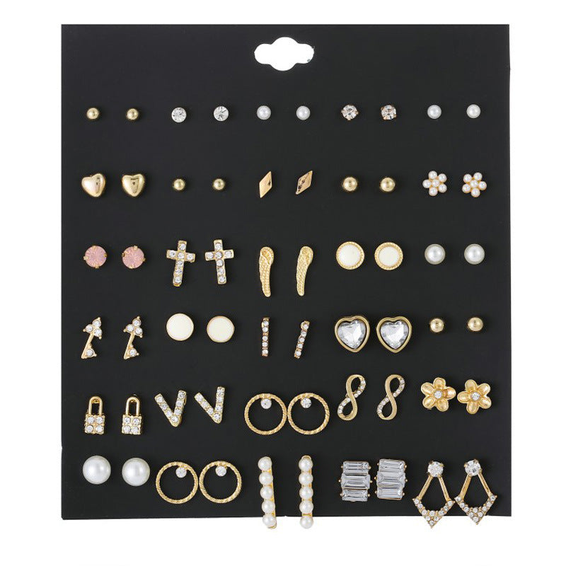 Small Flower Diamond-Studded Alloy Earrings Set - 30 Pairs