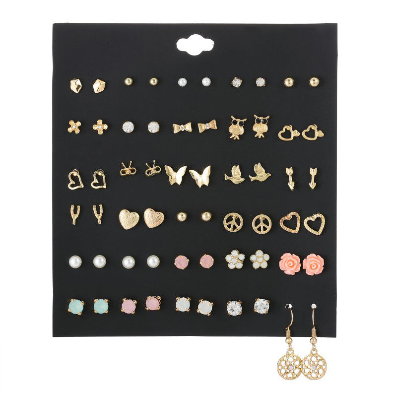 Small Flower Diamond-Studded Alloy Earrings Set - 30 Pairs