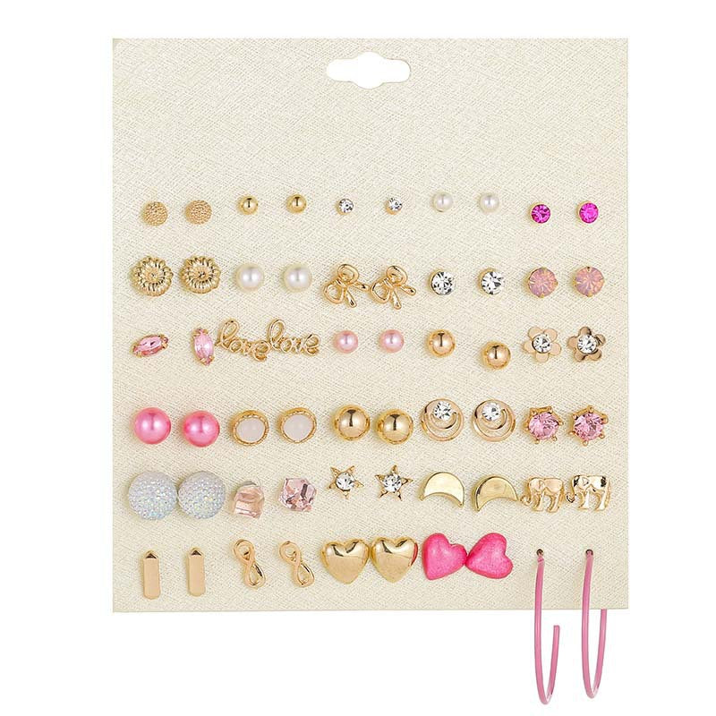 Small Flower Diamond-Studded Alloy Earrings Set - 30 Pairs