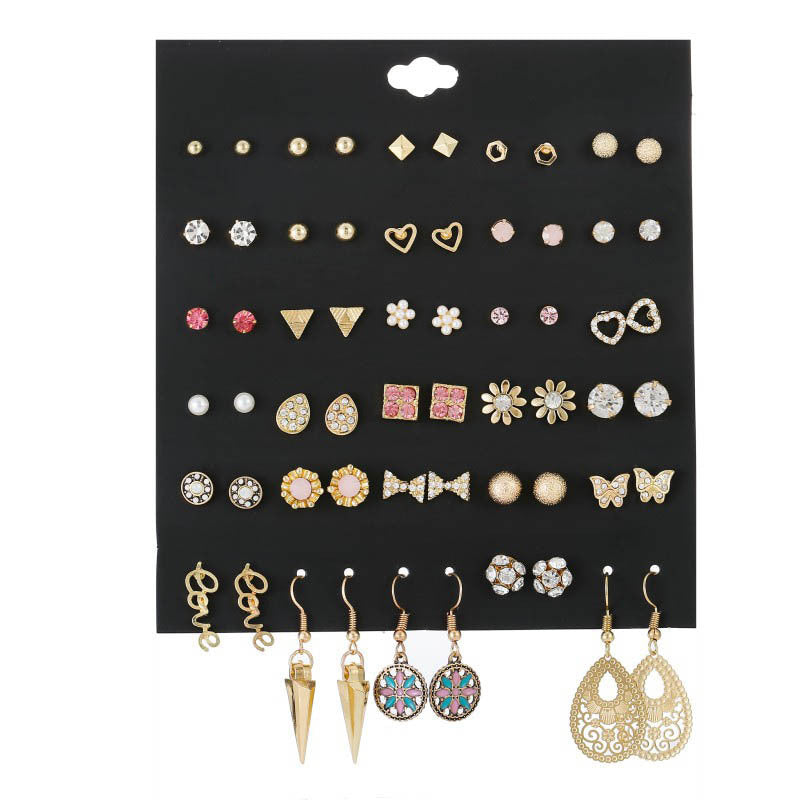 Small Flower Diamond-Studded Alloy Earrings Set - 30 Pairs