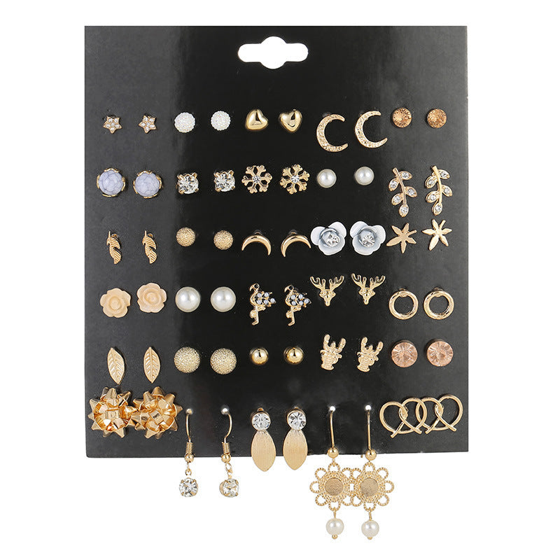 Small Flower Diamond-Studded Alloy Earrings Set - 30 Pairs