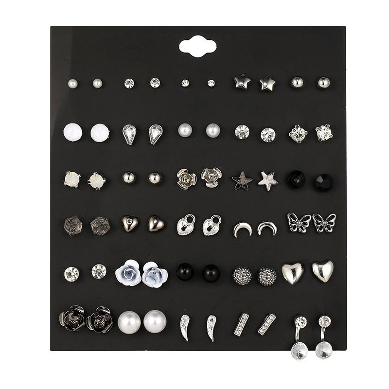 Small Flower Diamond-Studded Alloy Earrings Set - 30 Pairs