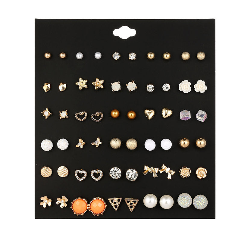 Small Flower Diamond-Studded Alloy Earrings Set - 30 Pairs