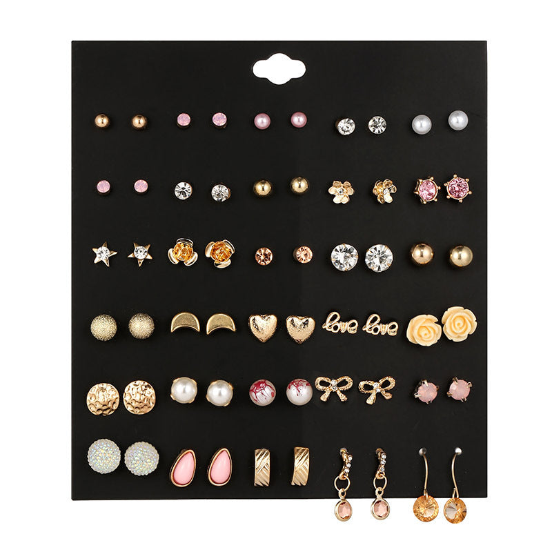Small Flower Diamond-Studded Alloy Earrings Set - 30 Pairs