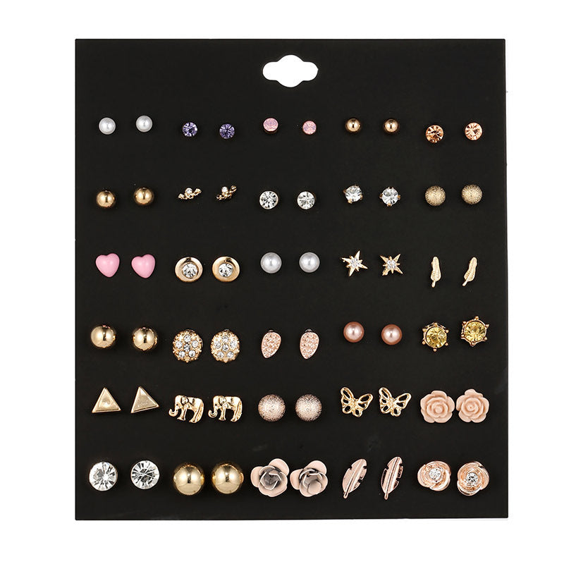 Small Flower Diamond-Studded Alloy Earrings Set - 30 Pairs