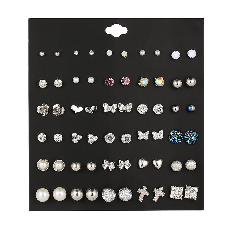 Small Flower Diamond-Studded Alloy Earrings Set - 30 Pairs