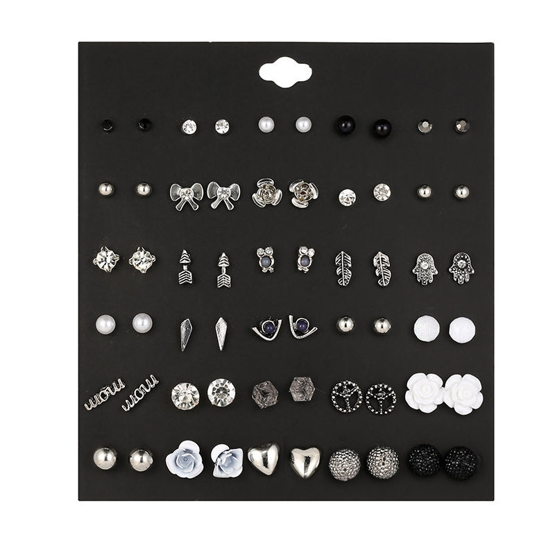 Small Flower Diamond-Studded Alloy Earrings Set - 30 Pairs