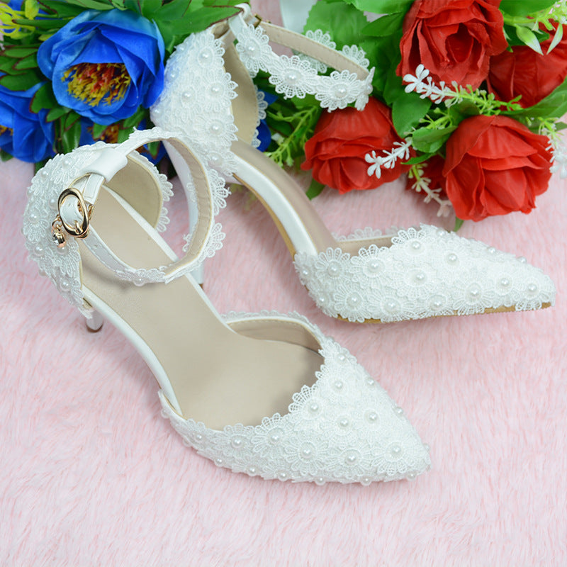 Buckle shallow mouth single pointed high heels female stiletto lace wedding shoes