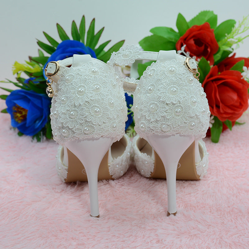 Buckle shallow mouth single pointed high heels female stiletto lace wedding shoes