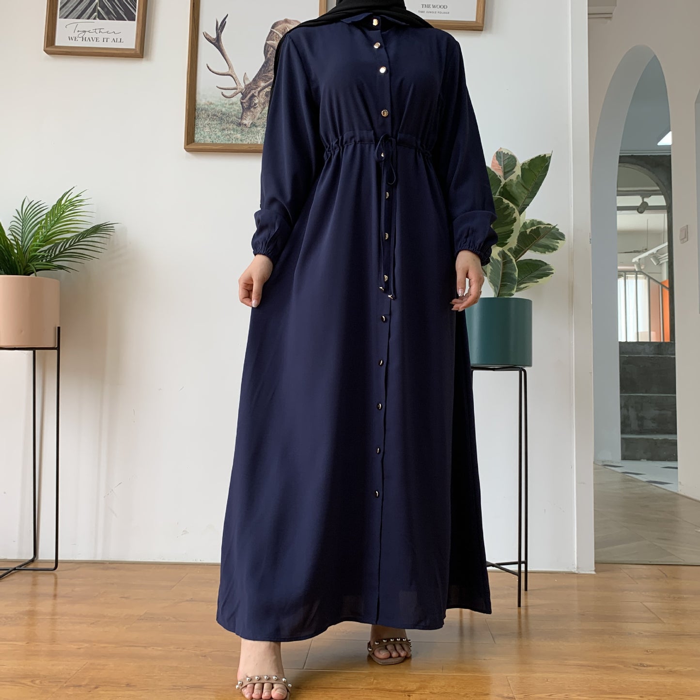 Stylish Muslim Lapel Button-Down Slim Dress