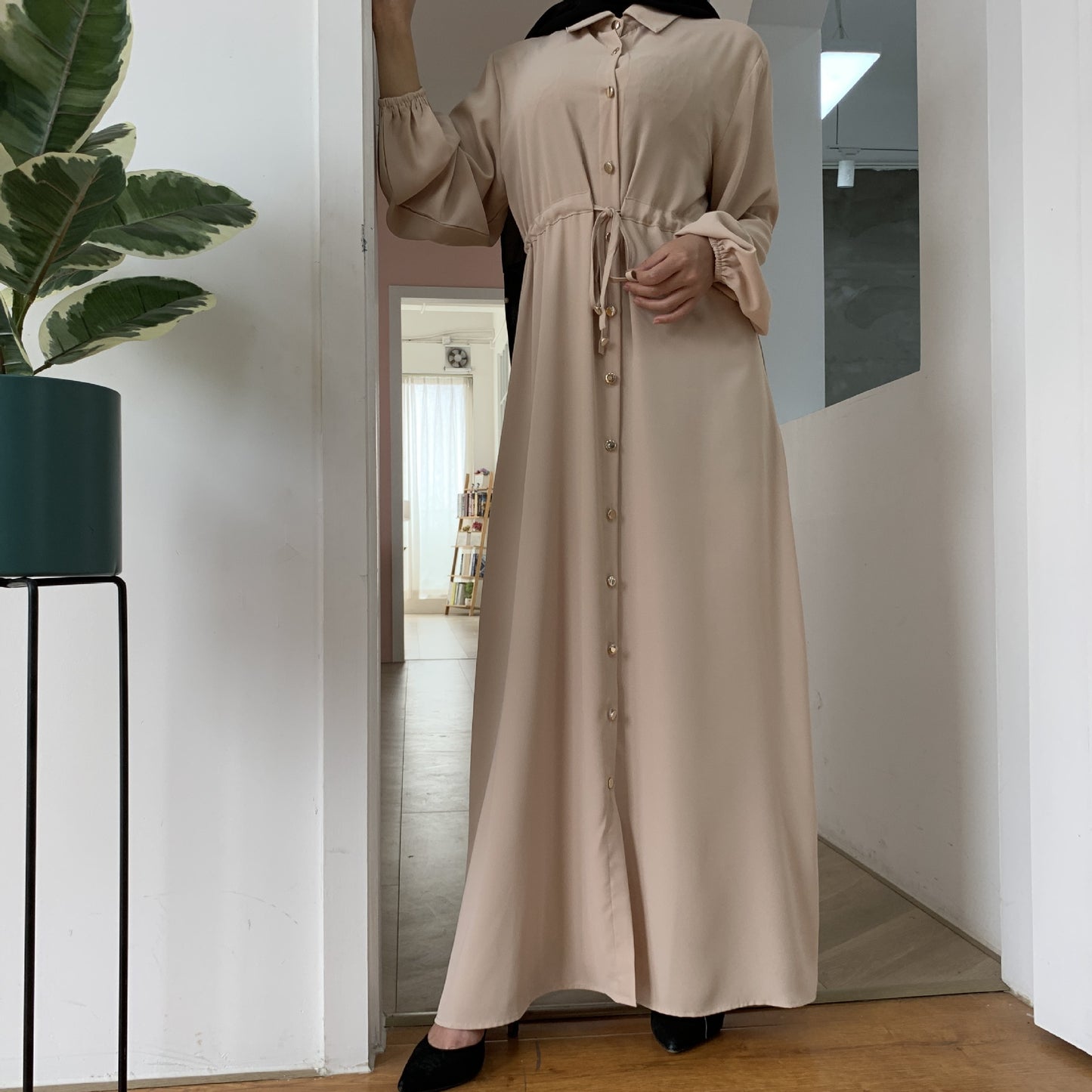 Stylish Muslim Lapel Button-Down Slim Dress