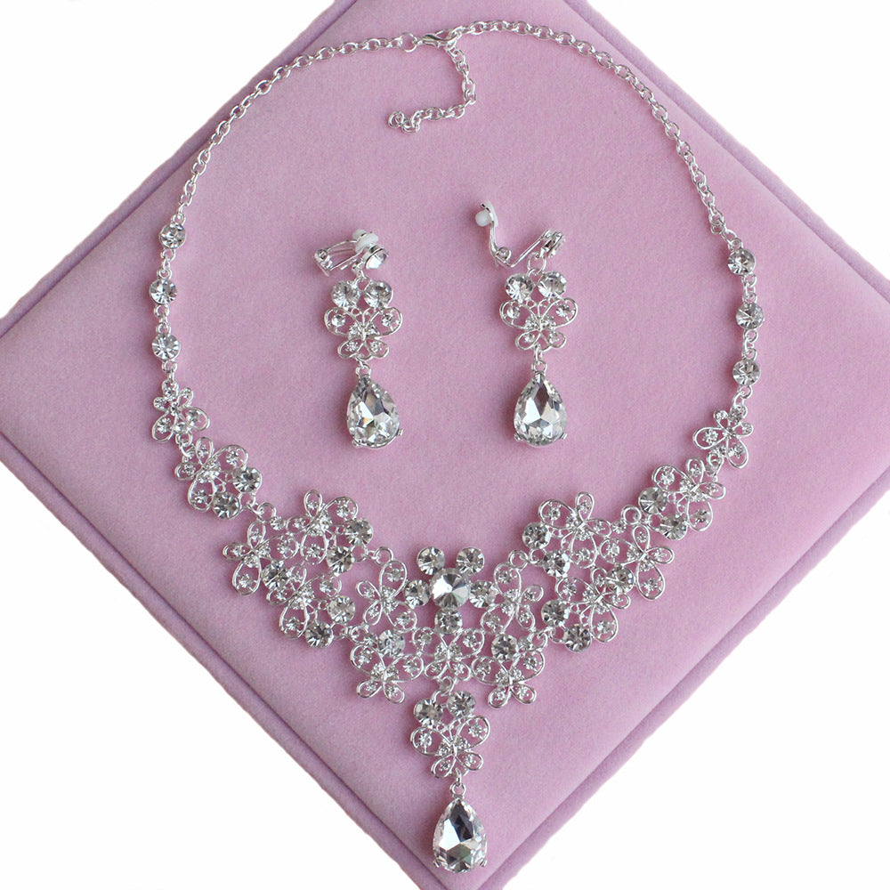 Bridal jewelry three-piece set handmade crown pearl necklace earrings and hair band