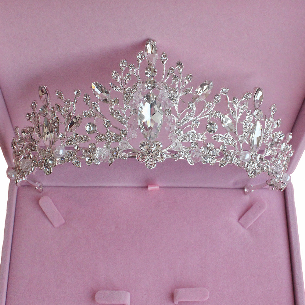 Bridal jewelry three-piece set handmade crown pearl necklace earrings and hair band