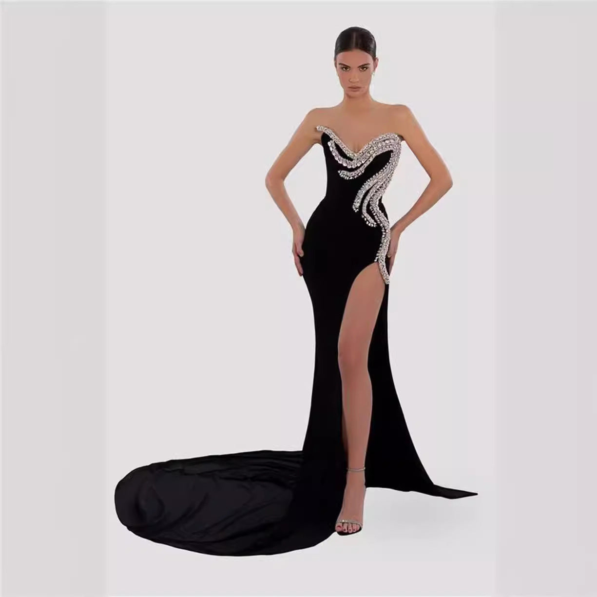 High Slit Black Bandeau Dinner Dress