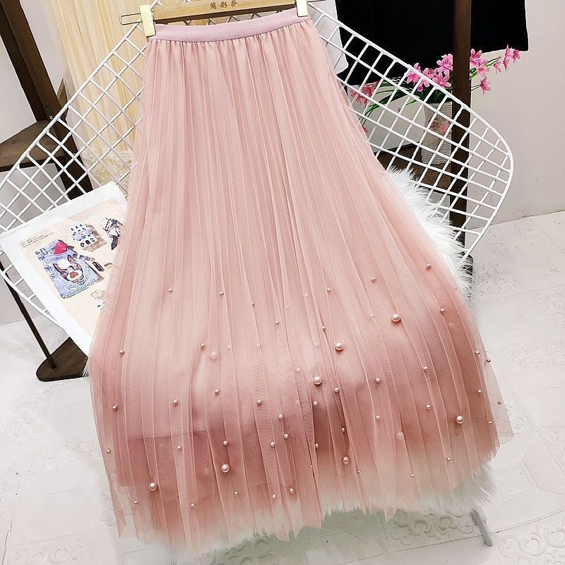 Beaded Mesh Midi Skirt