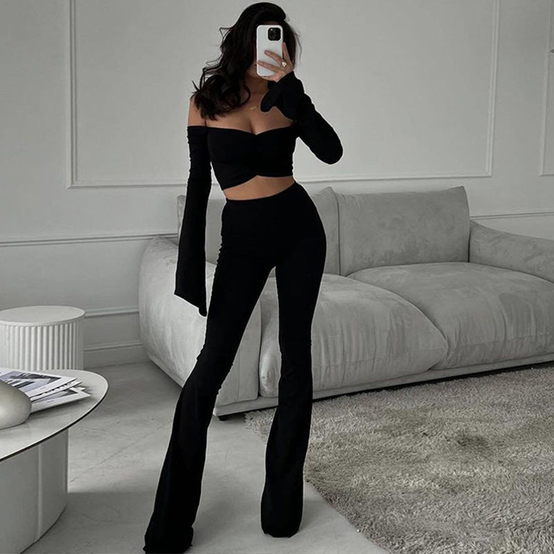 One-shoulder long sleeves slim flared jump suit