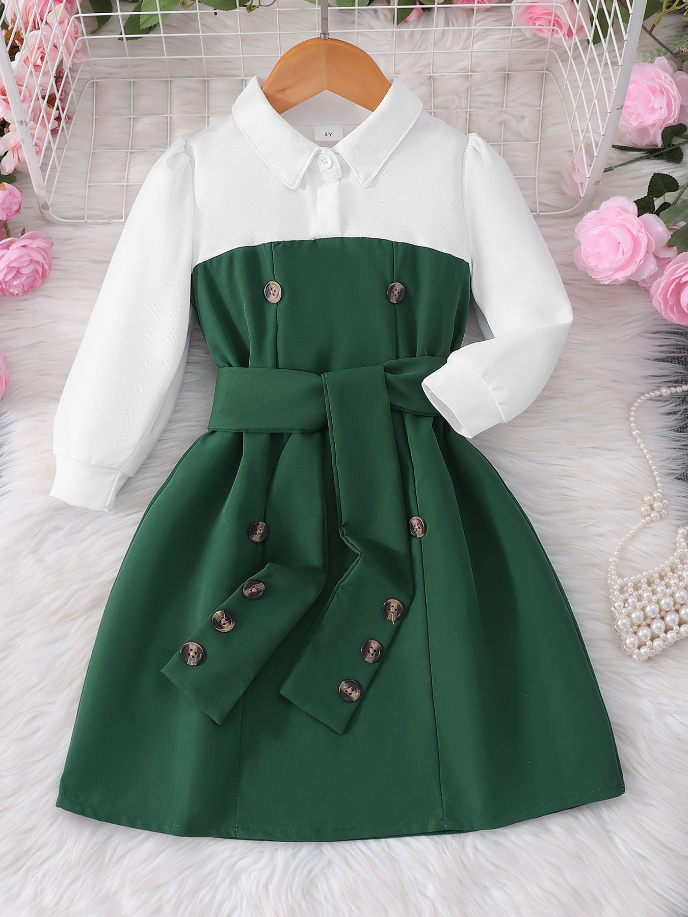 Children’s Long-Sleeve Contrast Lapel Dress