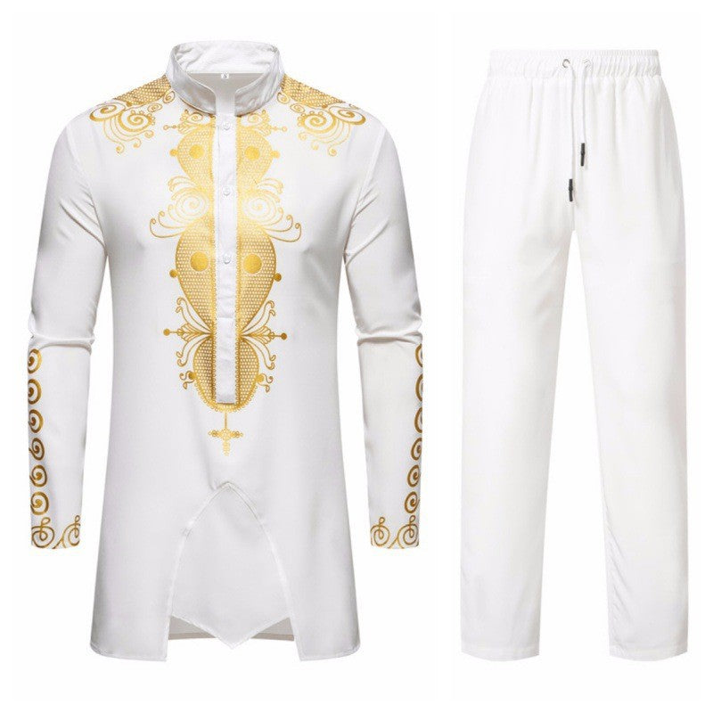New Men's Ethnic Style Robe Set Bronzing Long Sleeve & Pants (On Hand)
