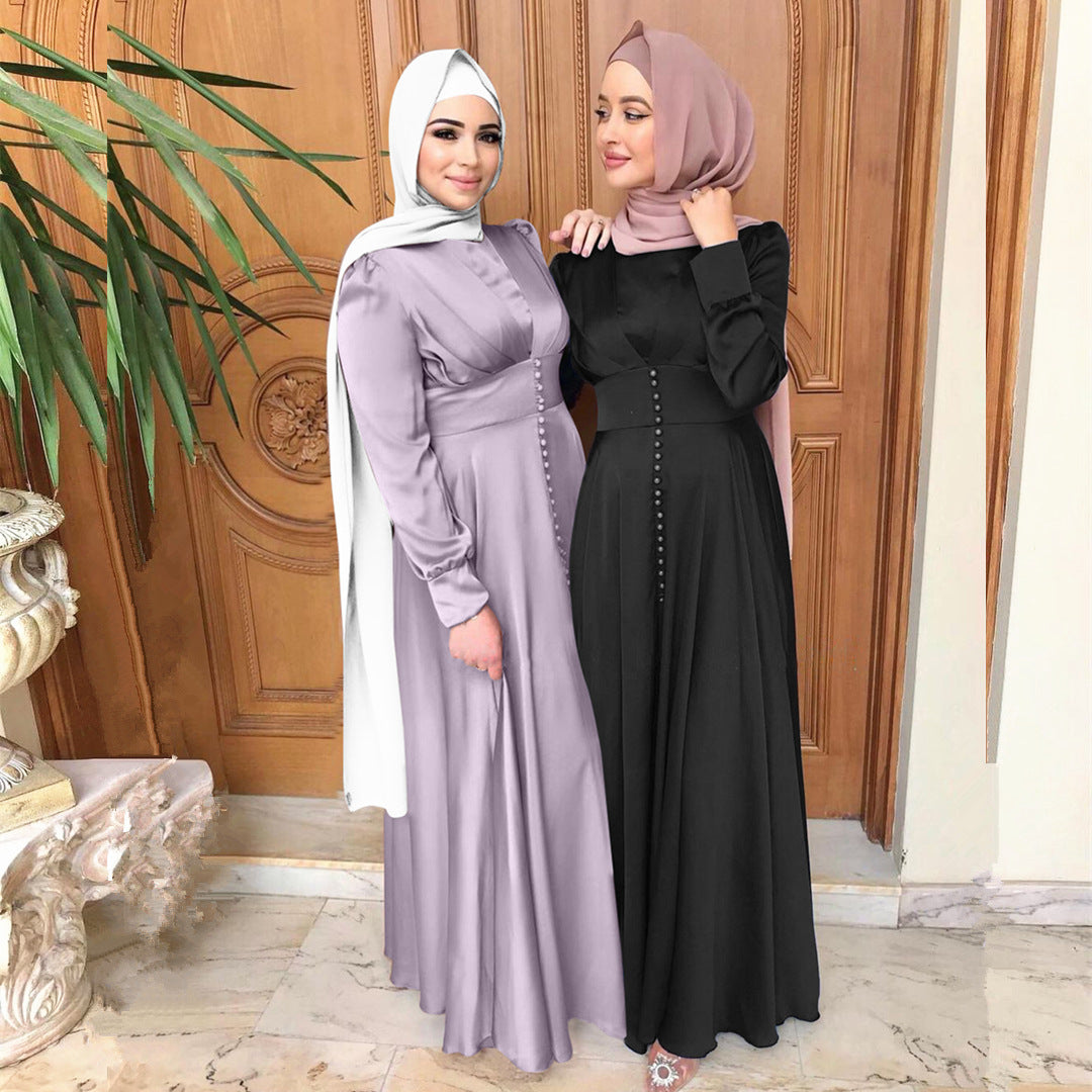 Feminine Tuck Beaded Dress, Elegant Satin Long Skirt