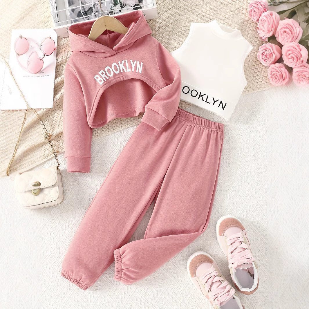 Stylish Spring Outfit Set for Girls Hoodie + Vest + Comfy Trousers (On Hand)
