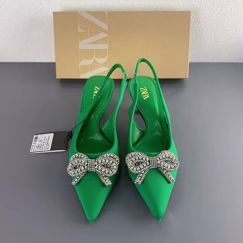 New sandals women's high heels pointed toe back with bow rhinestone chain bright accent stiletto shallow