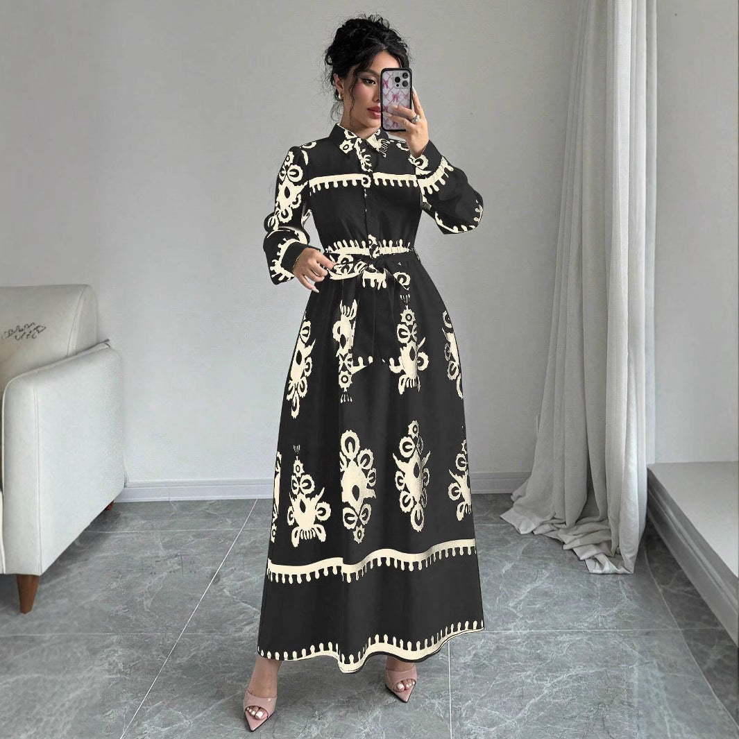 Autumn Ethnic Style Contrast Dress with Lapel Shirt & Tie