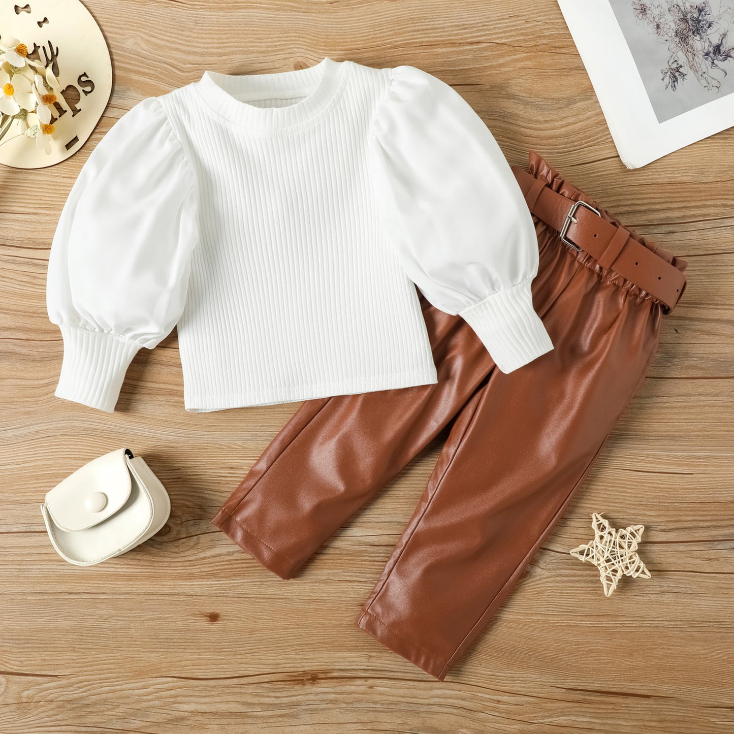 Girls' Spring/Autumn Fashion Set Bubble Sleeve Top & PU Leather Pants