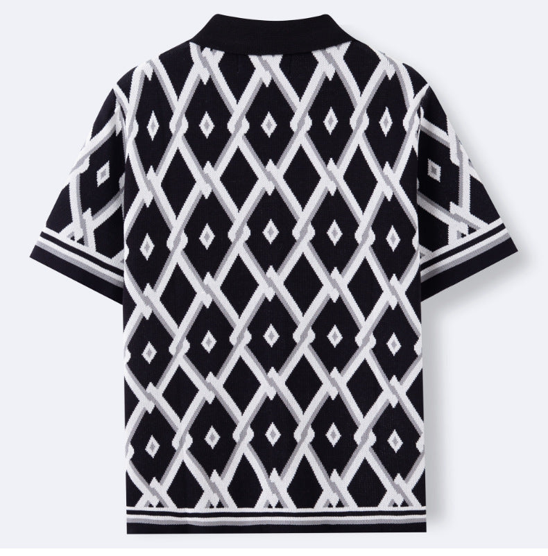 Jacquard Knit Polo Cardigan