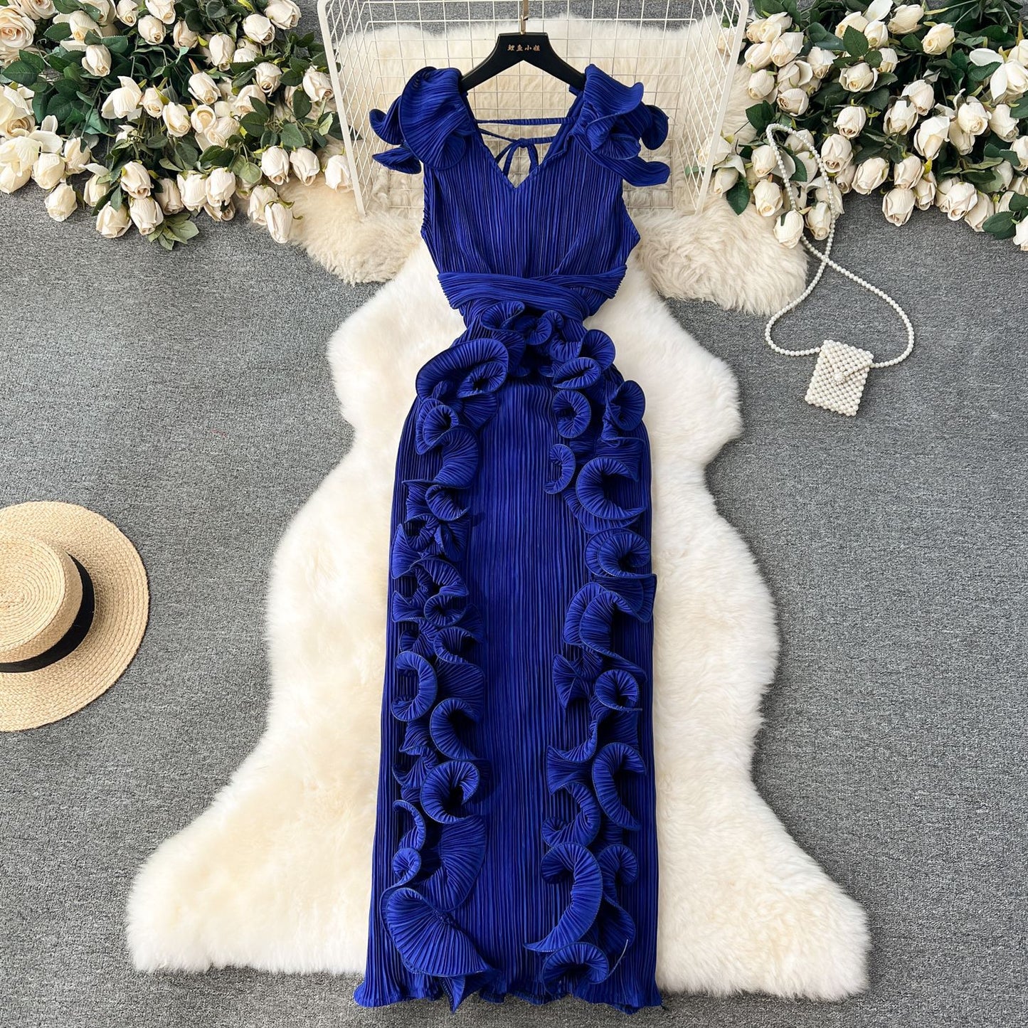 Elegant High-End Pleated Ruffle Evening Dress