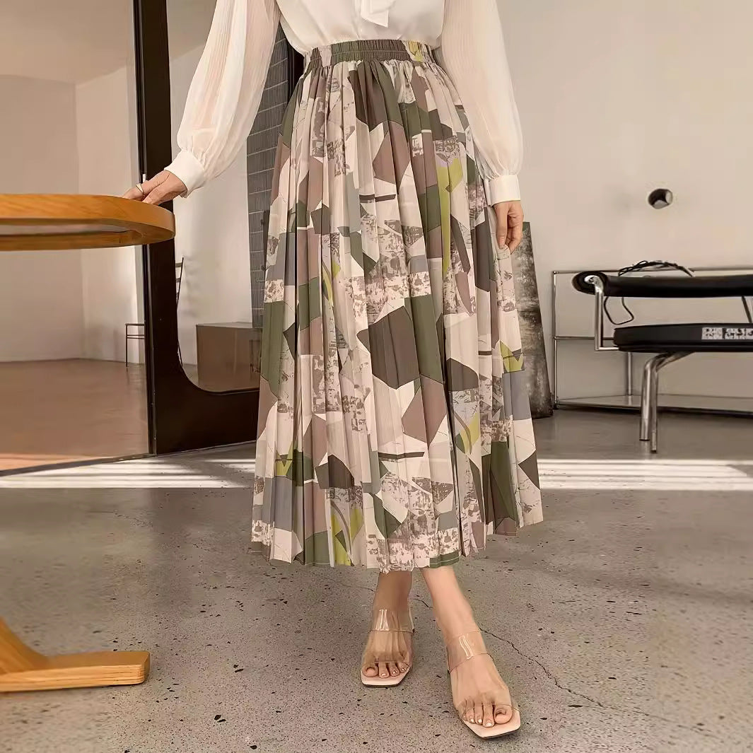 Retro Geometric A-Line Pleated Skirt for Spring/Summer