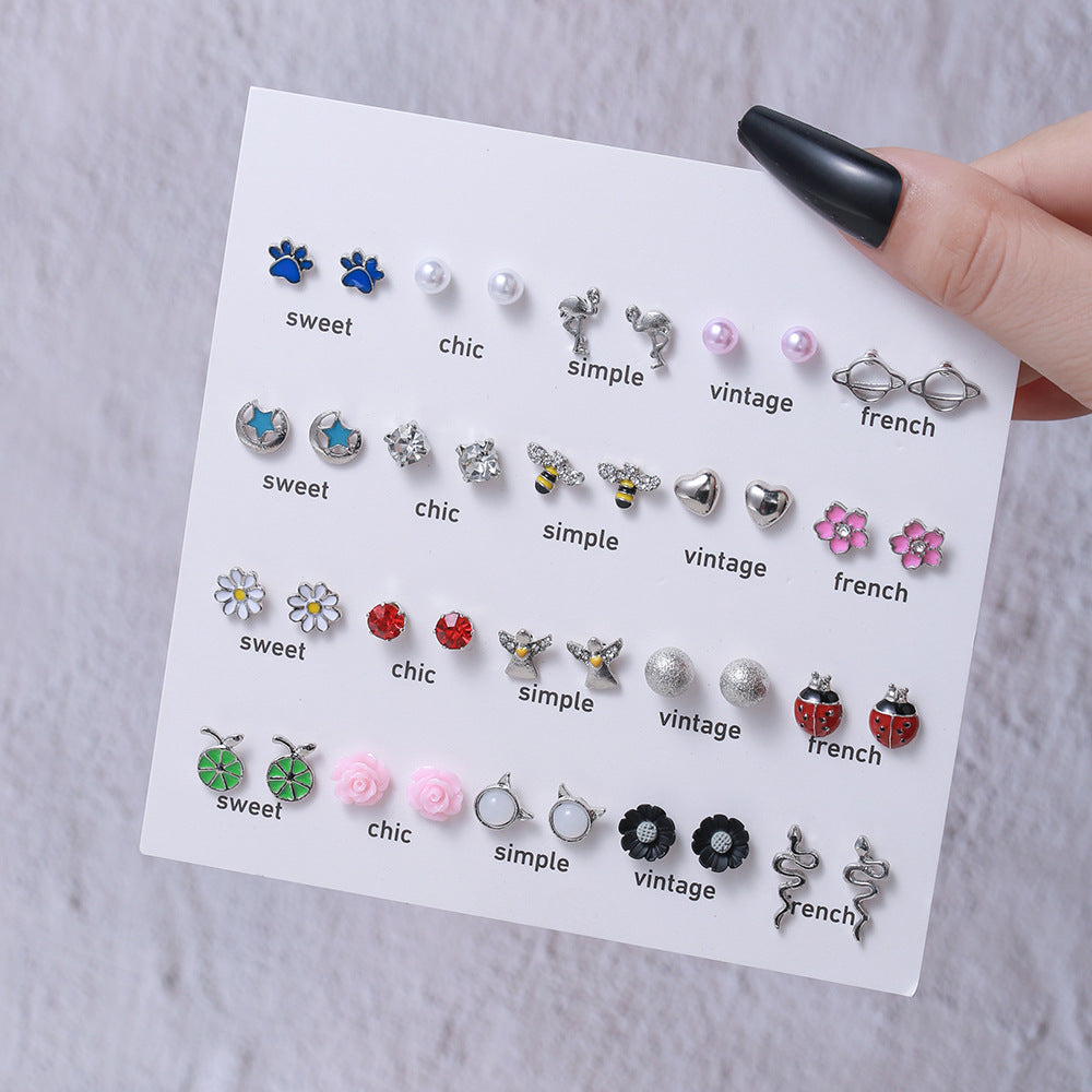 Mini Cute Colorful Diamond Animal Stud Earrings Set - Cartoon Butterfly, Flower, Cactus Designs