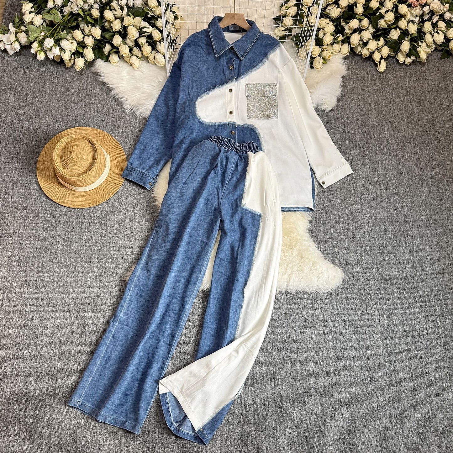 Retro Contrast-Stitch Denim Set