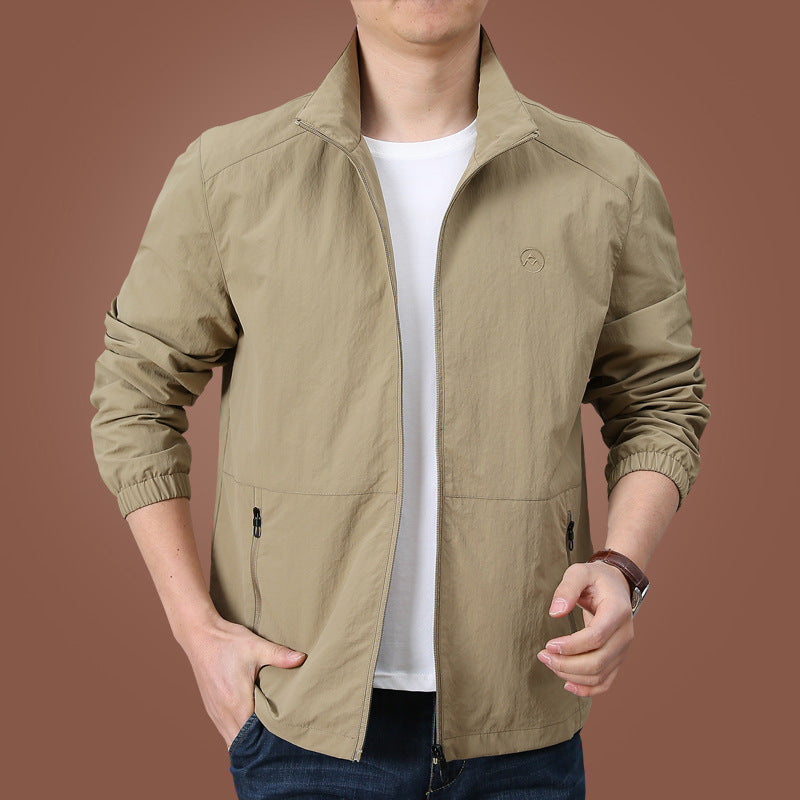 Men's Stand Collar Casual Jacket Plus Size, Solid Color