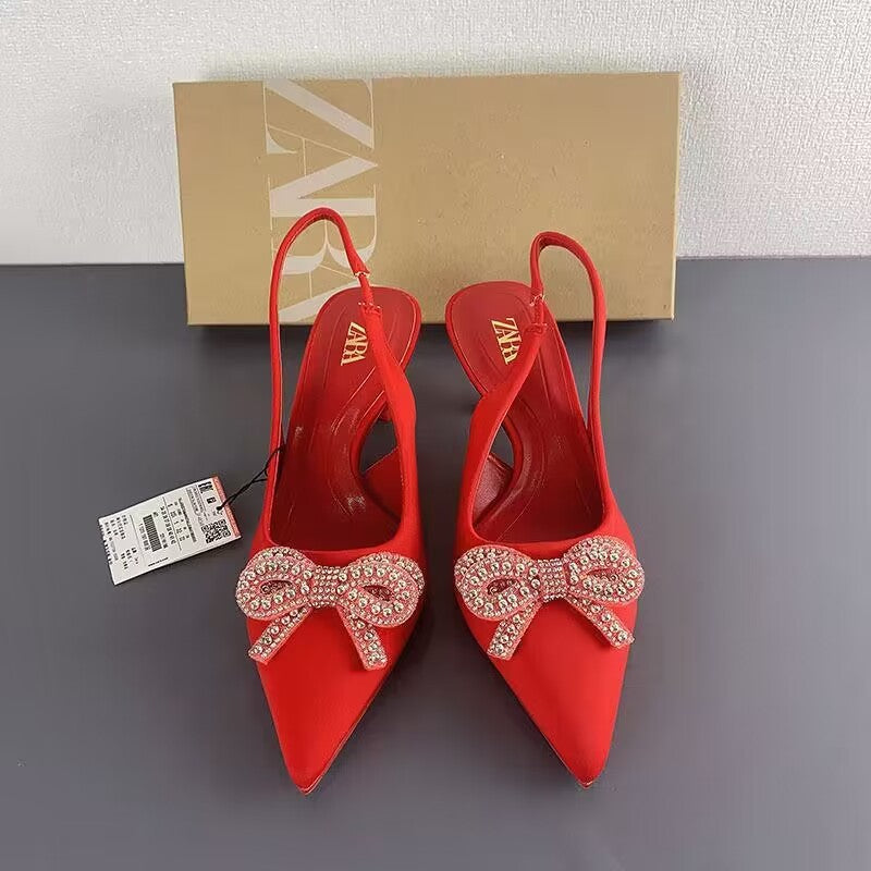New sandals women's high heels pointed toe back with bow rhinestone chain bright accent stiletto shallow
