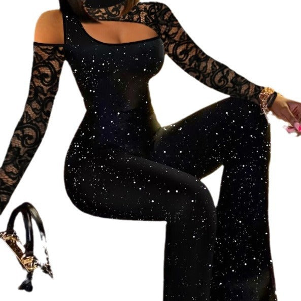 Lace lash silver slim off the shoulder high-neck jumpsuit wide leg