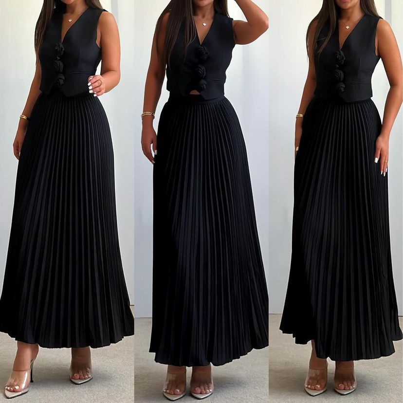 Womens Summer Sleeveless Vest & Pleated Skirt Two-Piece Set