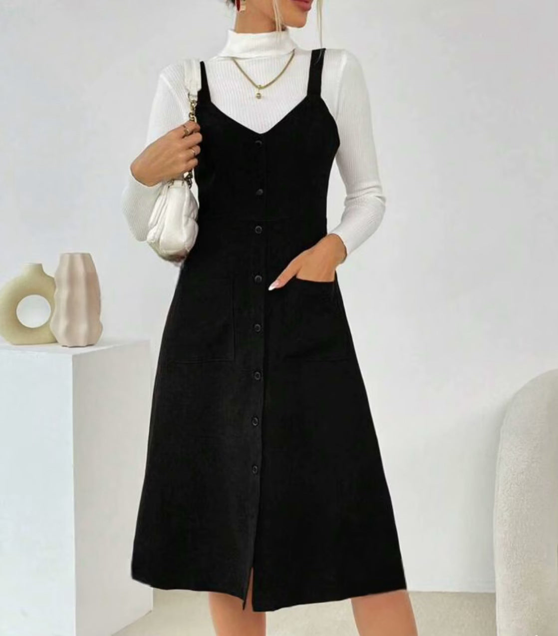 Autumn/Winter Cross-Border Suspender Pocket Midi Dress