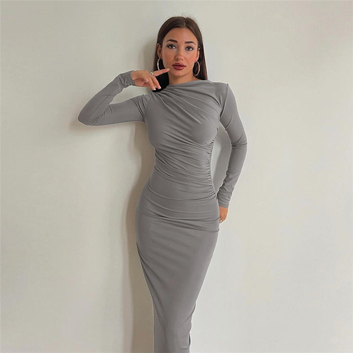 Slim, high-end solid color temperament long hip dress