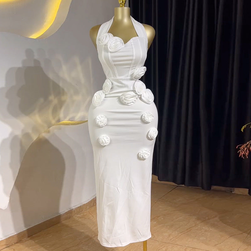 Elegant Halterneck Dress with 3D Floral Details