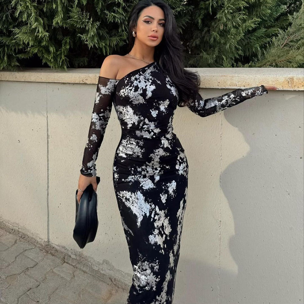 One-Sleeve Cut-Out Mesh Dress