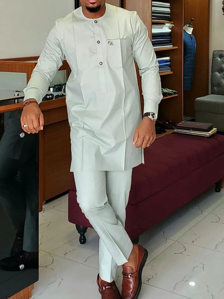 Men's 2-Piece African Ethnic Style Wedding Suit – Festive Solid Color Set