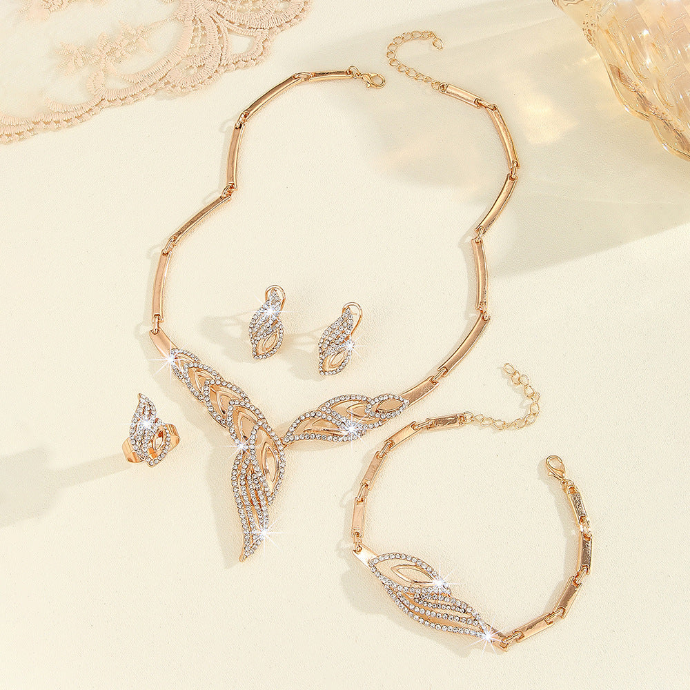 Fashion diamond set gold leaf necklace earrings ring bracelet four-piece