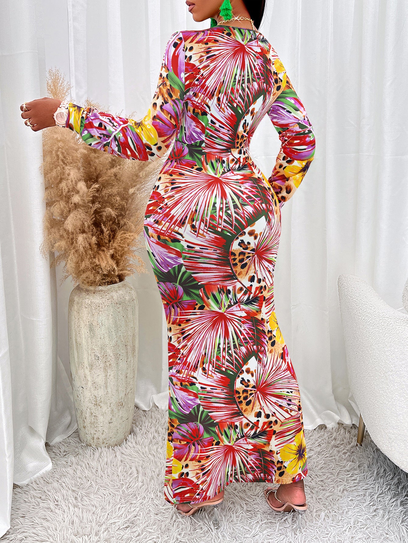 Fall/Winter Casual Sexy Style New Printed V-Neck Waist Slit Long-Sleeved Dress