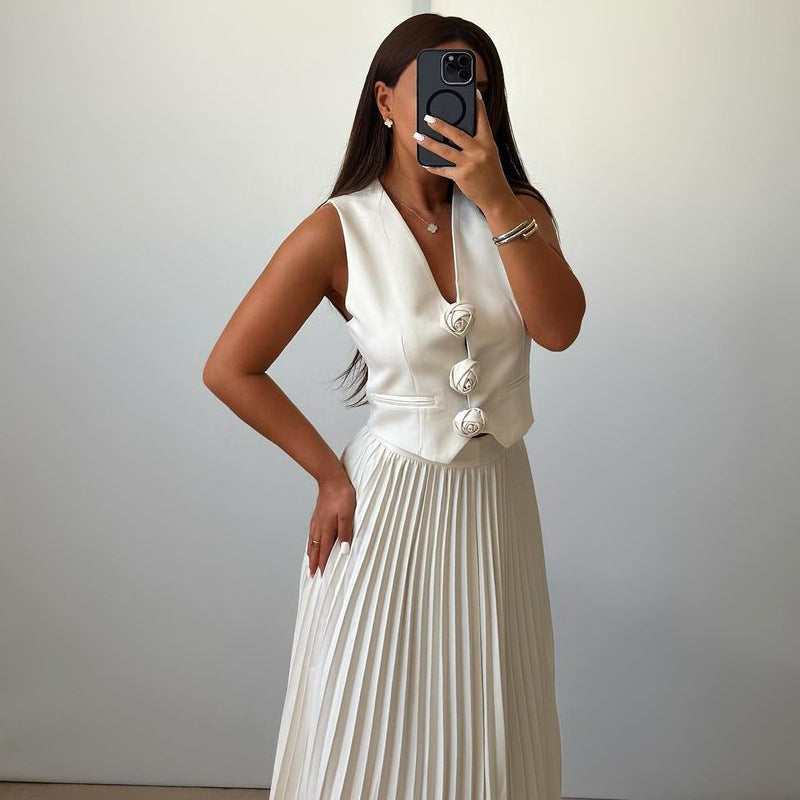Womens Summer Sleeveless Vest & Pleated Skirt Two-Piece Set